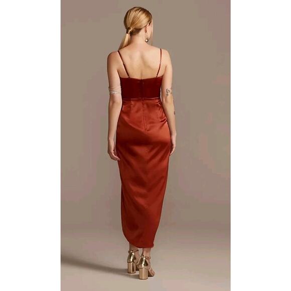 DB Studio Pleated Bodice Spaghetti Strap Satin Tulip Dress In Cinnamon 14 - Picture 3 of 14